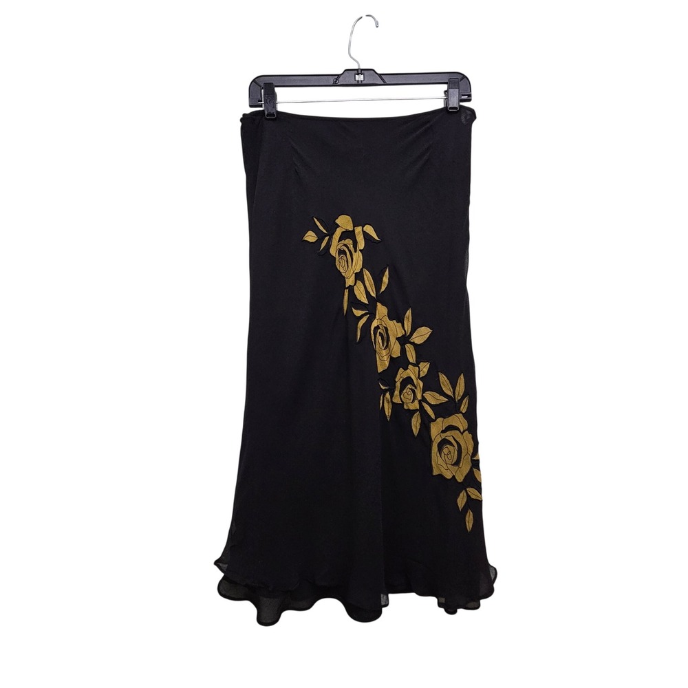 Richard Malcolm Midi Skirt Women 12 Black Silk Gold Floral Rose Applique Vintage